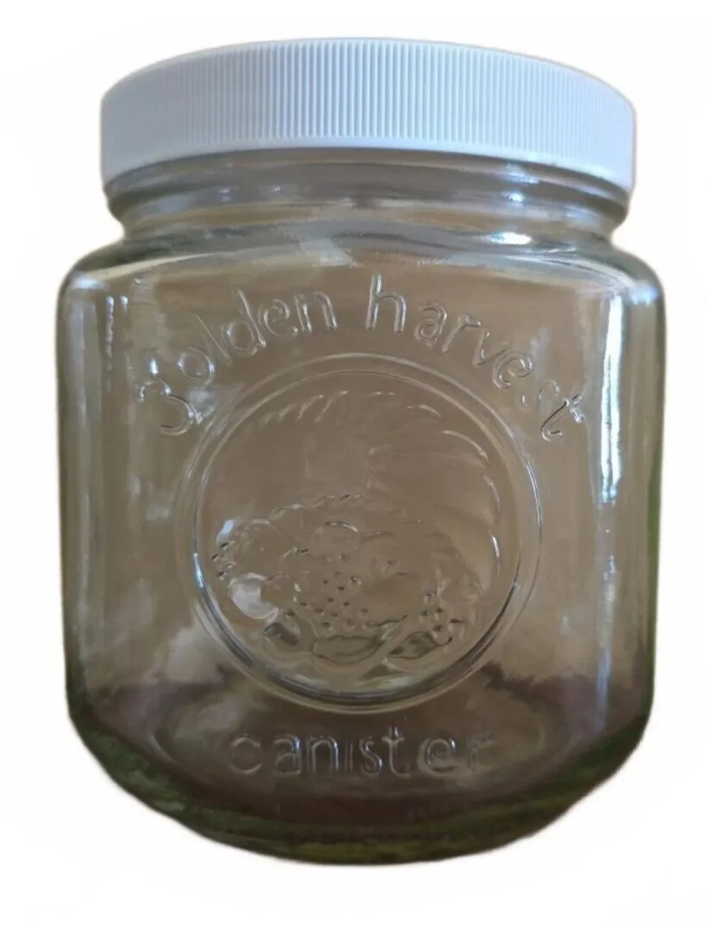 2 Vintage Golden Harvest Glass Canister Jars With White Lids